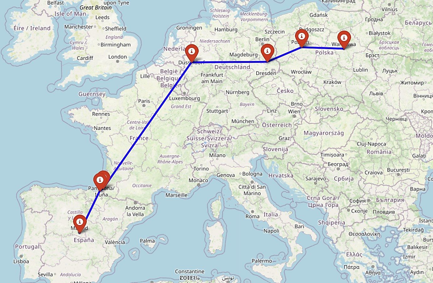 Trasa GPT-4o — optymalizacja dystansu: Warszawa, Berlin, Düsseldorf, Paryż, Madryt