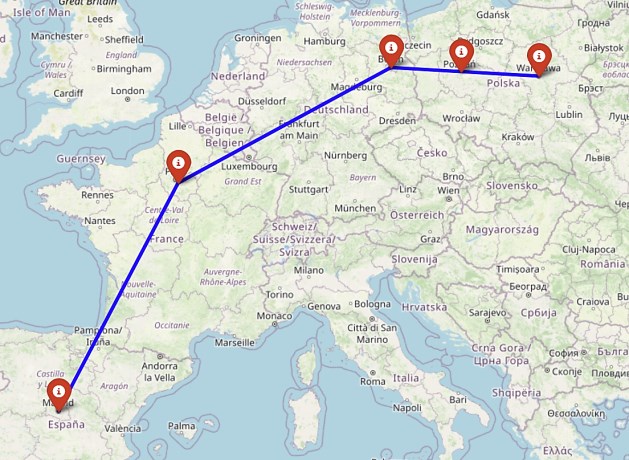 Wariant trasy GPT-4o (wariant 2): Warszawa, Bydgoszcz, Berlin, Paryż, Madryt